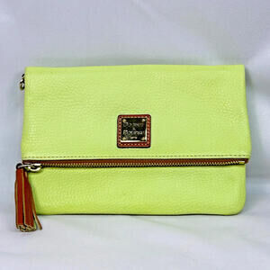 Dooney & Bourke Lime Green Pebbled Leather Foldover Clutch Crossbody Bag Tassel